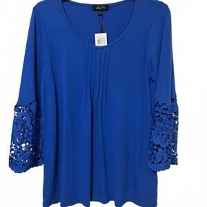 Melissa Paige Women's Royal Blue 3/4 Crochet Sleeve Lace Flowy Top Large-New $68